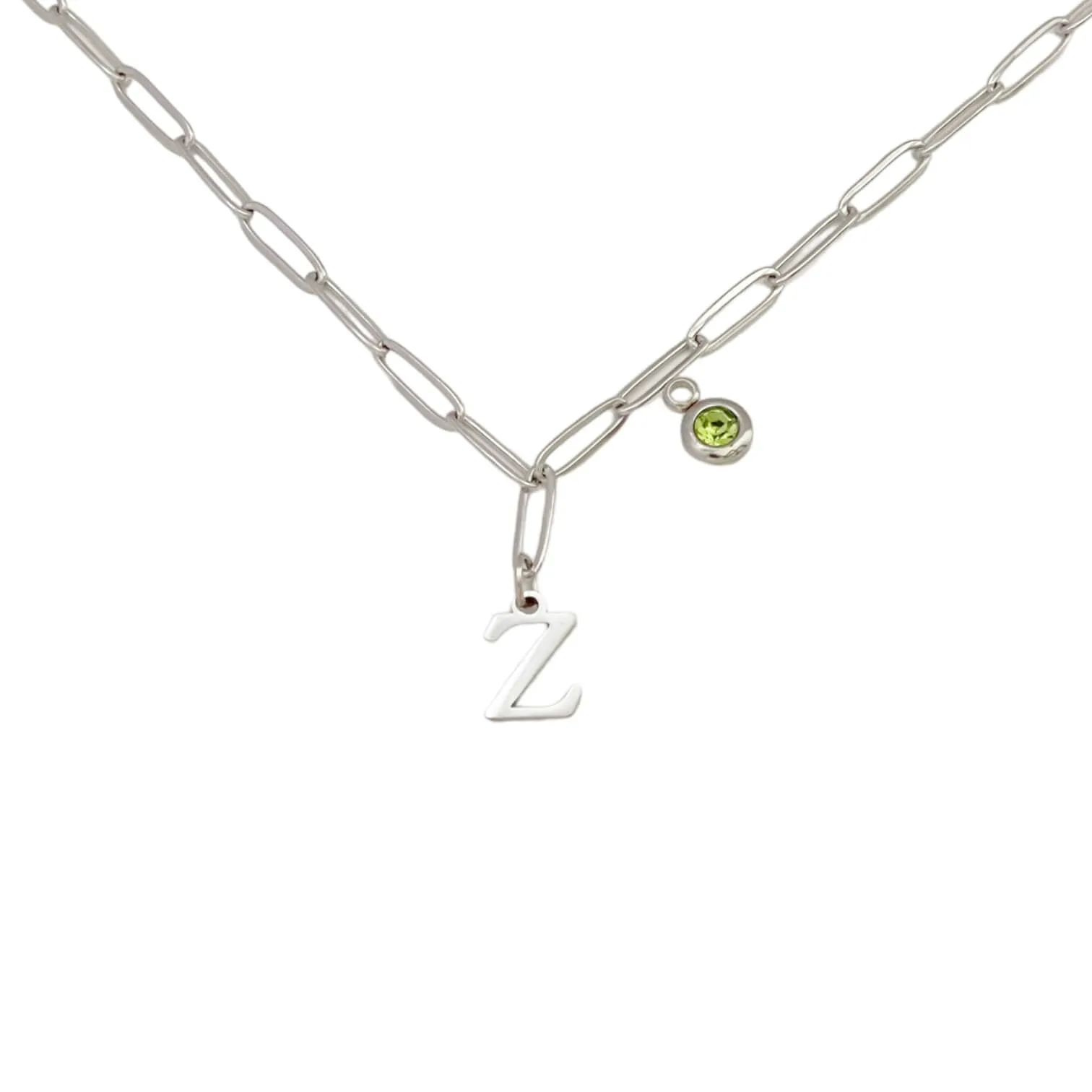 Alphabet Birthstone Paperclip Necklace Silver (V-Z)