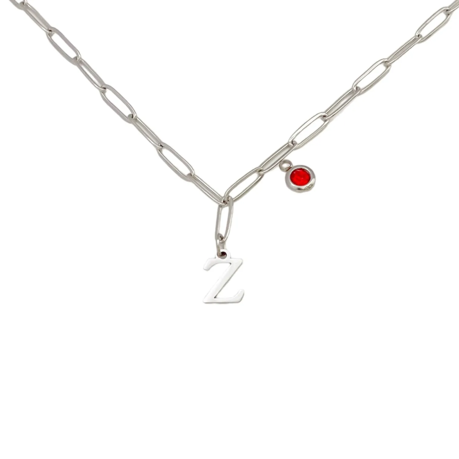 Alphabet Birthstone Paperclip Necklace Silver (V-Z)