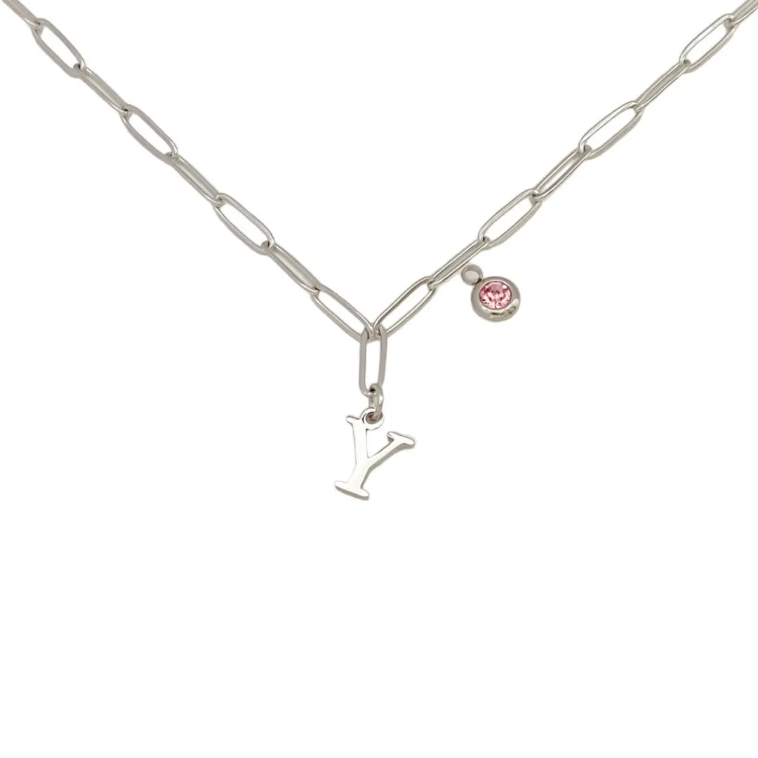 Alphabet Birthstone Paperclip Necklace Silver (V-Z)