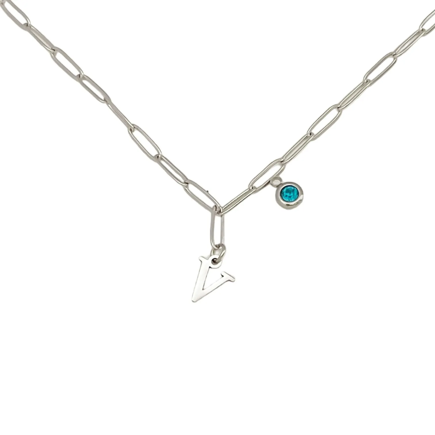 Alphabet Birthstone Paperclip Necklace Silver (V-Z)