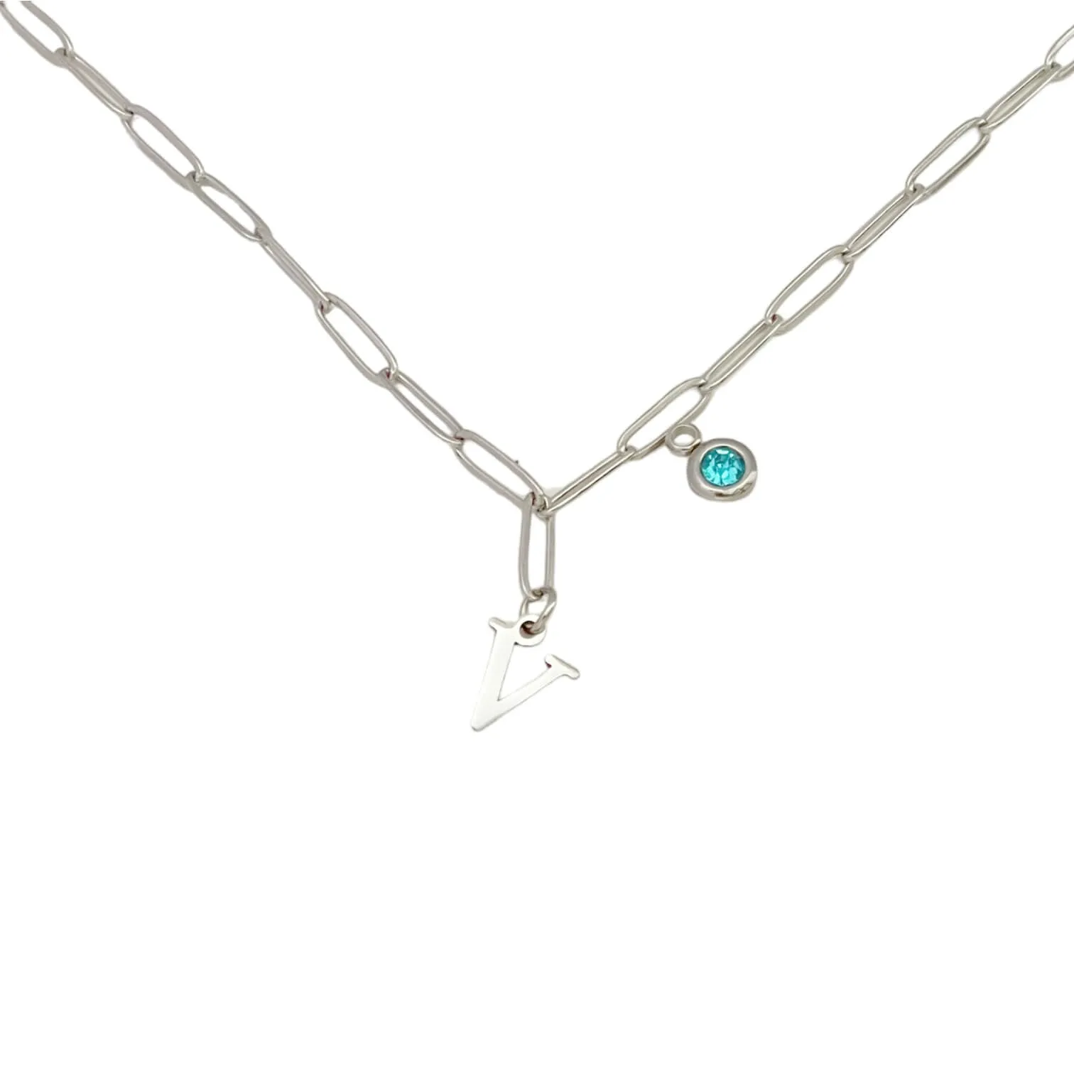 Alphabet Birthstone Paperclip Necklace Silver (V-Z)