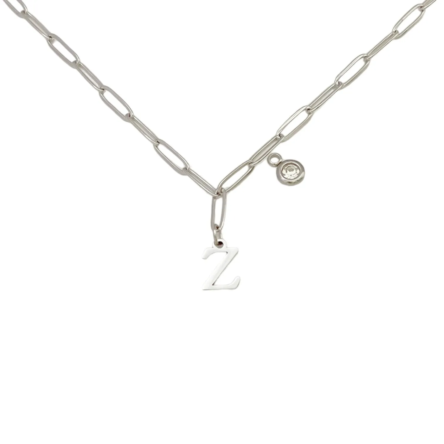 Alphabet Birthstone Paperclip Necklace Silver (V-Z)