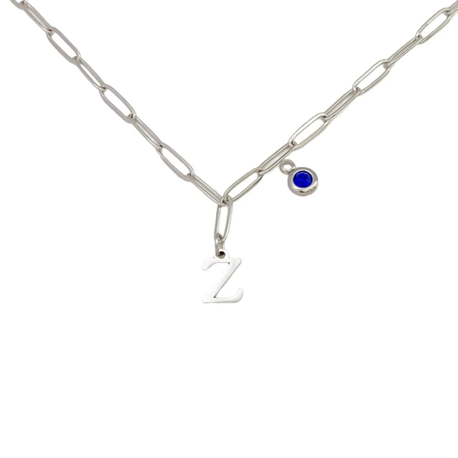 Alphabet Birthstone Paperclip Necklace Silver (V-Z)