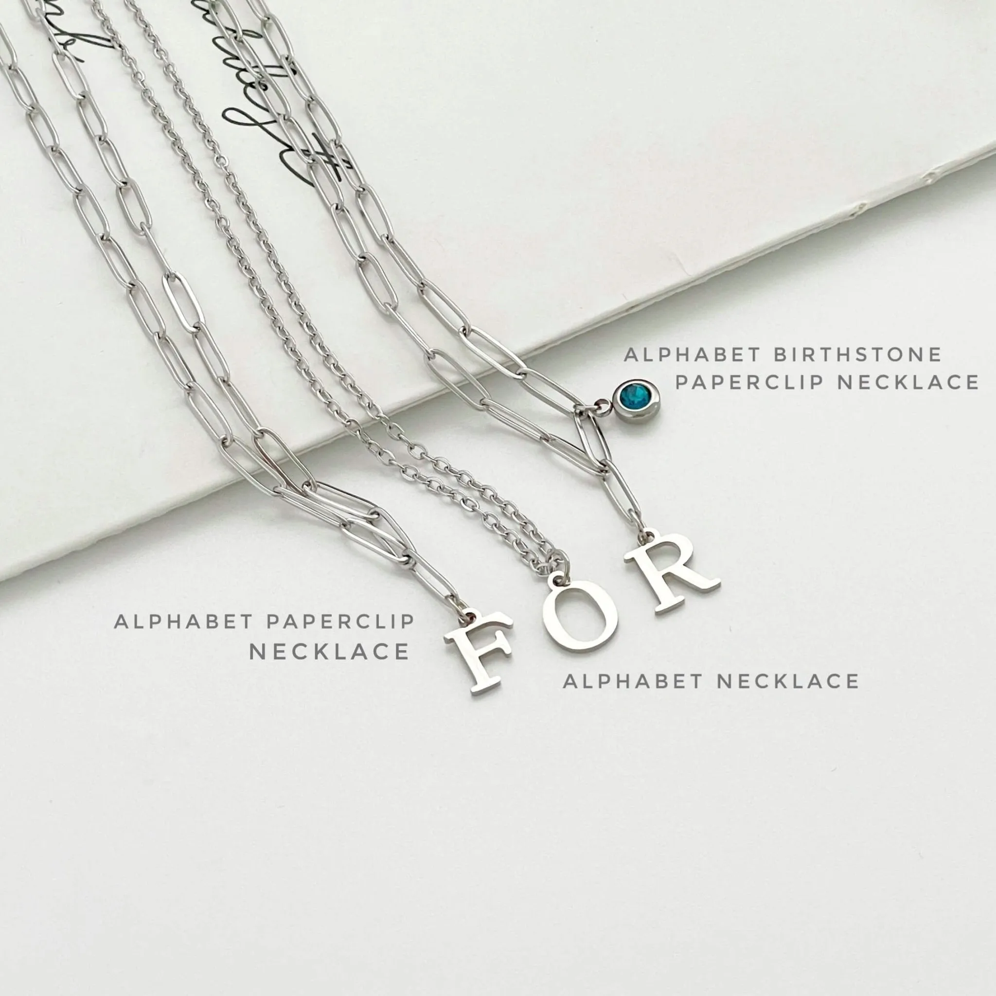 Alphabet Birthstone Paperclip Necklace Silver (V-Z)