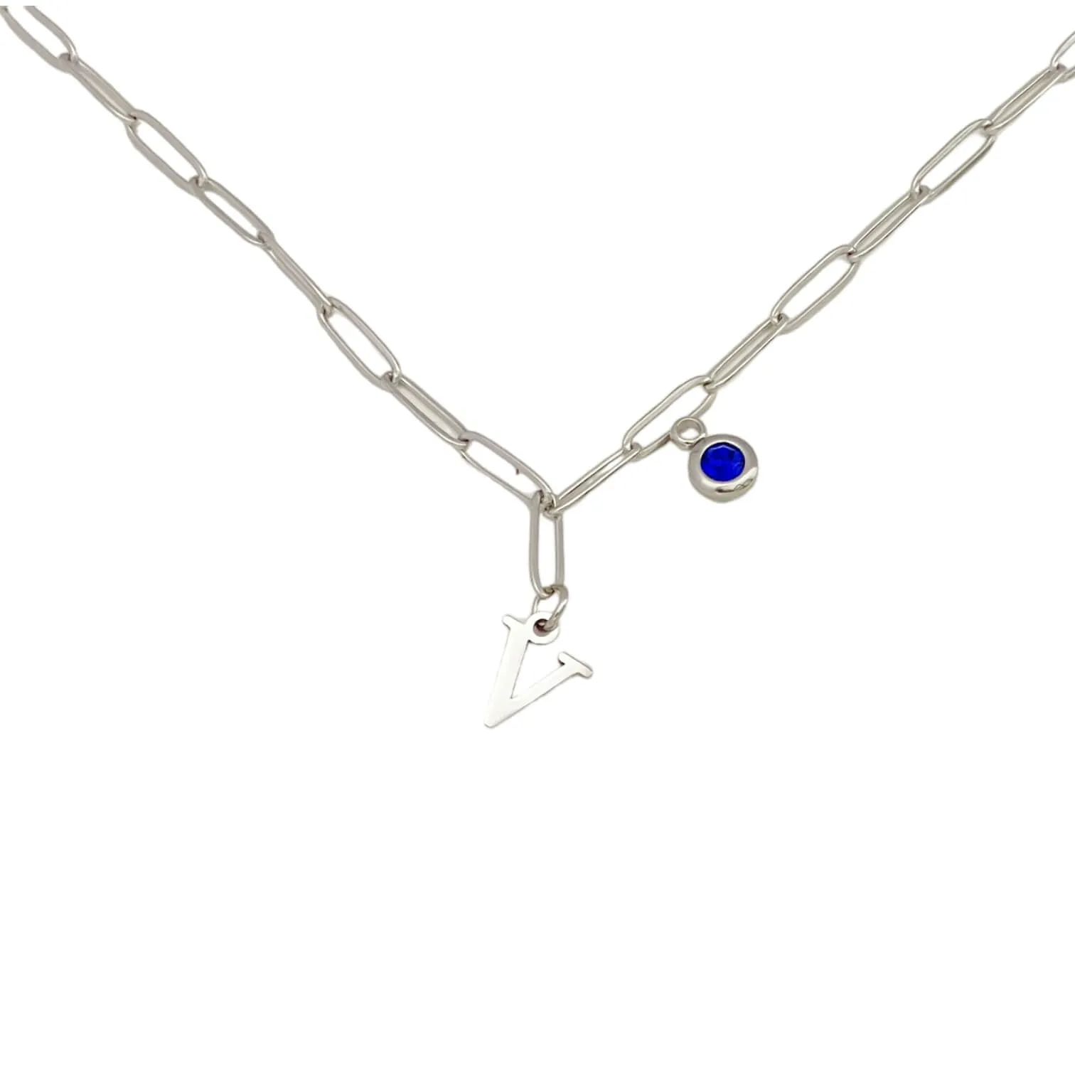 Alphabet Birthstone Paperclip Necklace Silver (V-Z)