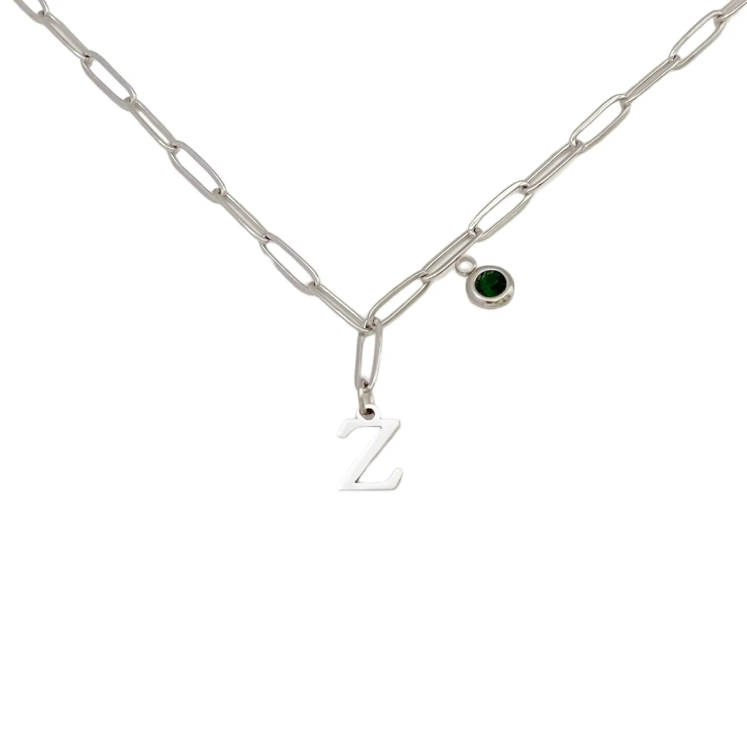 Alphabet Birthstone Paperclip Necklace Silver (V-Z)