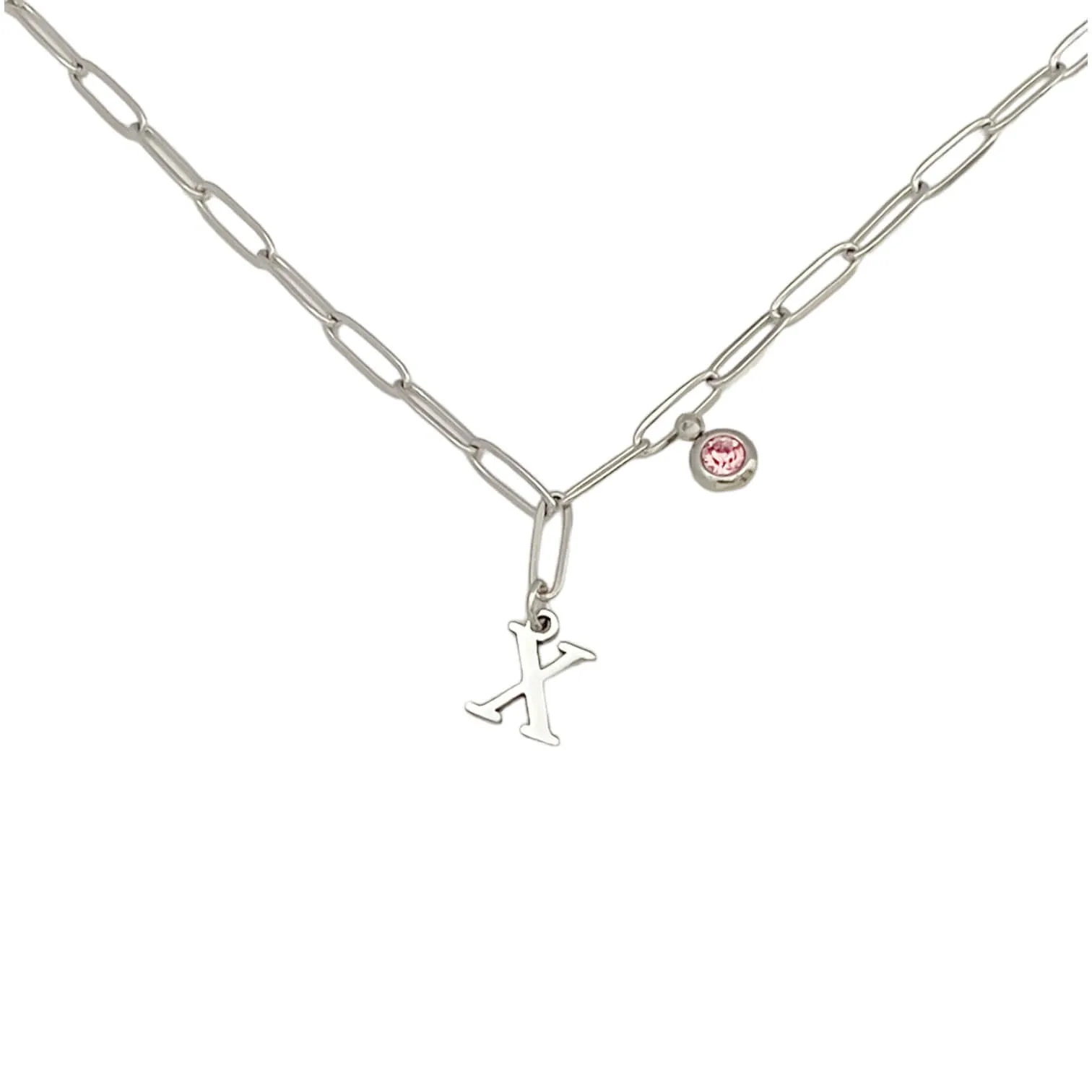 Alphabet Birthstone Paperclip Necklace Silver (V-Z)