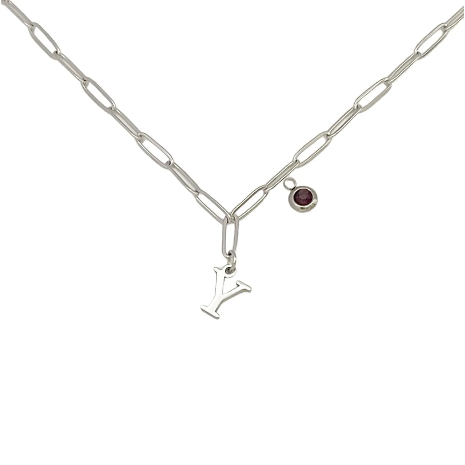 Alphabet Birthstone Paperclip Necklace Silver (V-Z)