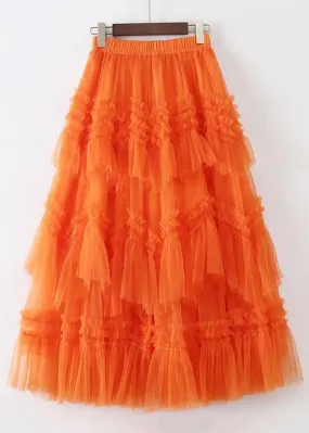 Art Orange Ruffled Elastic Waist Tulle Skirt Summer AS1013