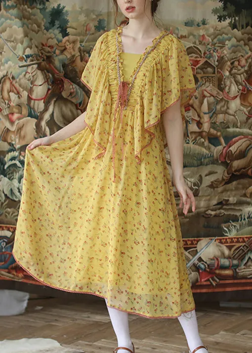 Beautiful Yellow Ruffled Lace Up Nail Bead Chiffon Long Dresses Summer QA1016