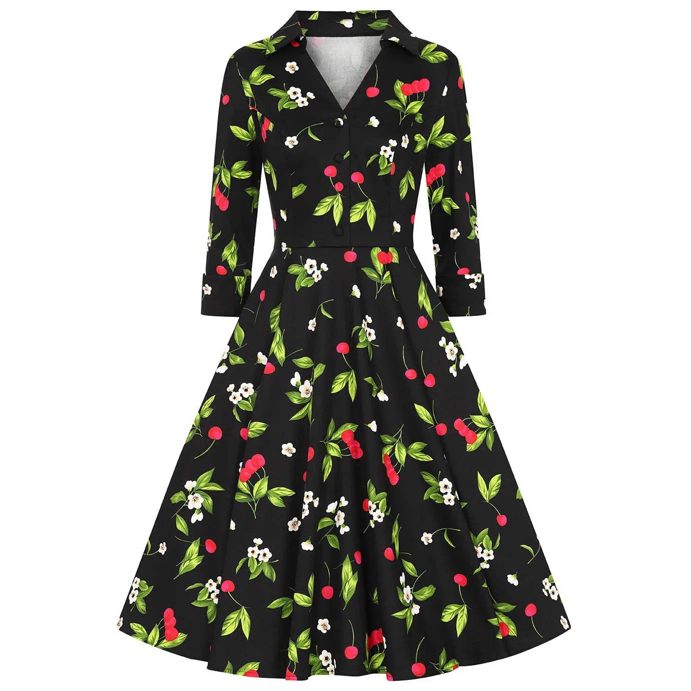 Black & Red Cherry Print Collared V Neck Rockabilly 50s Swing Dress w/ Pockets