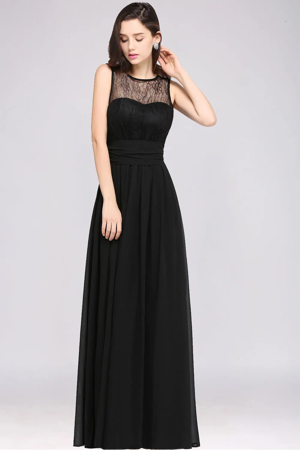 Black Long A-Line Chiffon Lace Jewel Sleeveless Bridesmaid Dresses