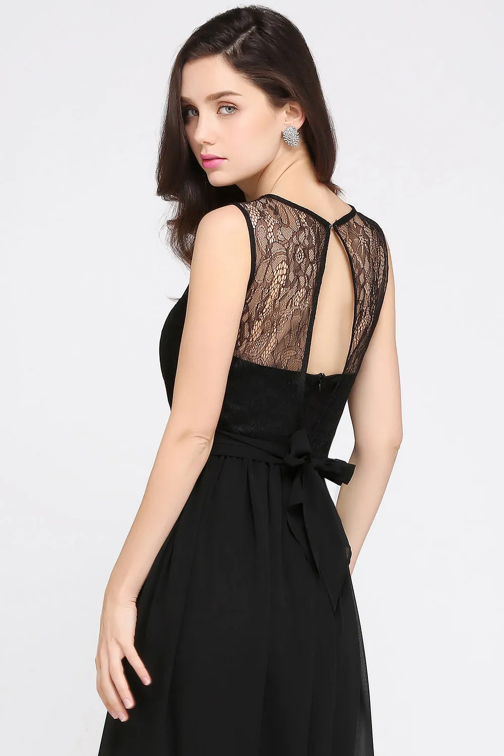 Black Long A-Line Chiffon Lace Jewel Sleeveless Bridesmaid Dresses