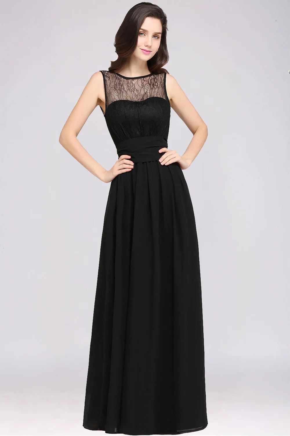 Black Long A-Line Chiffon Lace Jewel Sleeveless Bridesmaid Dresses