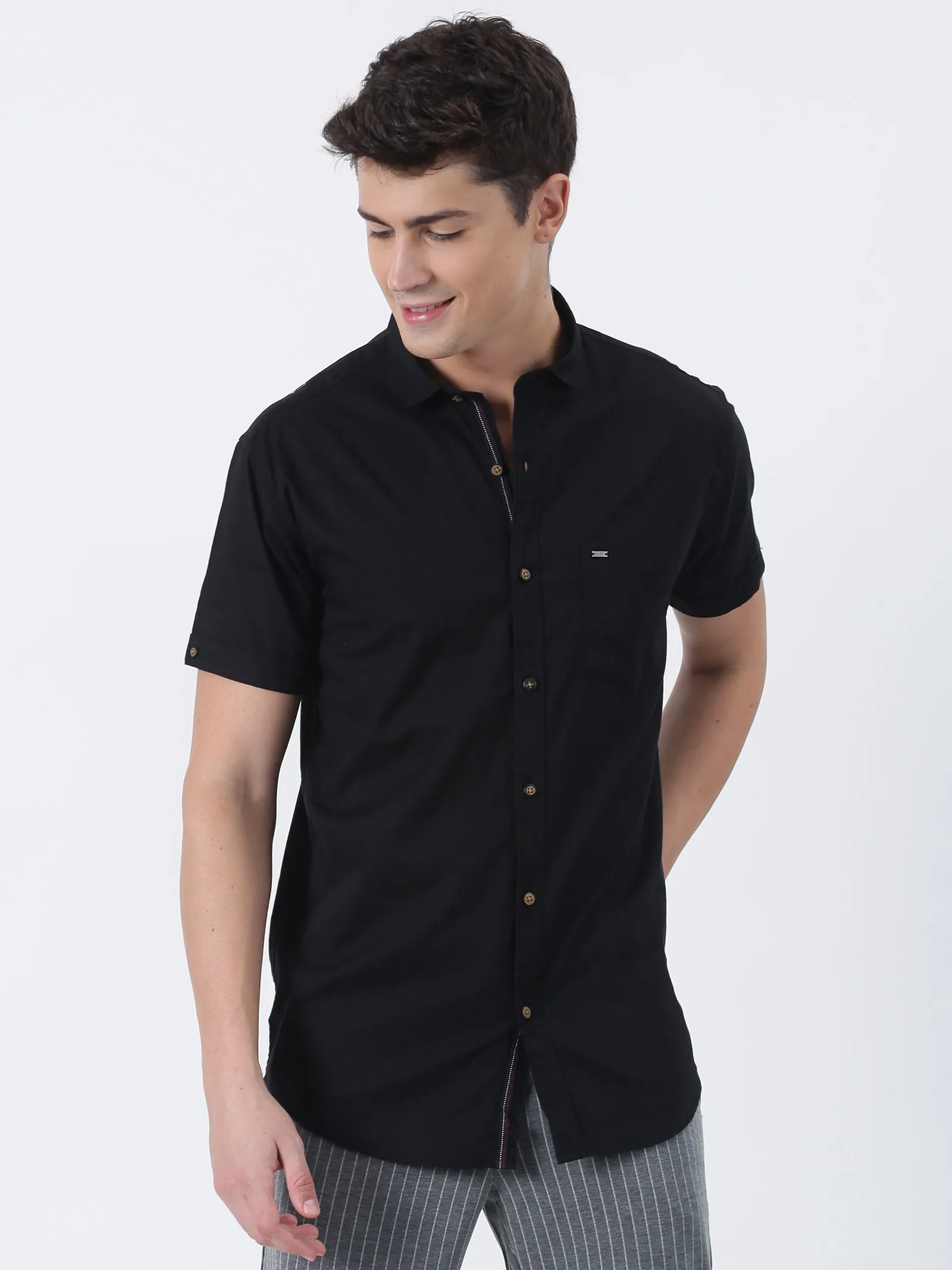 Black Solid Short Sleeve Casual Shirt