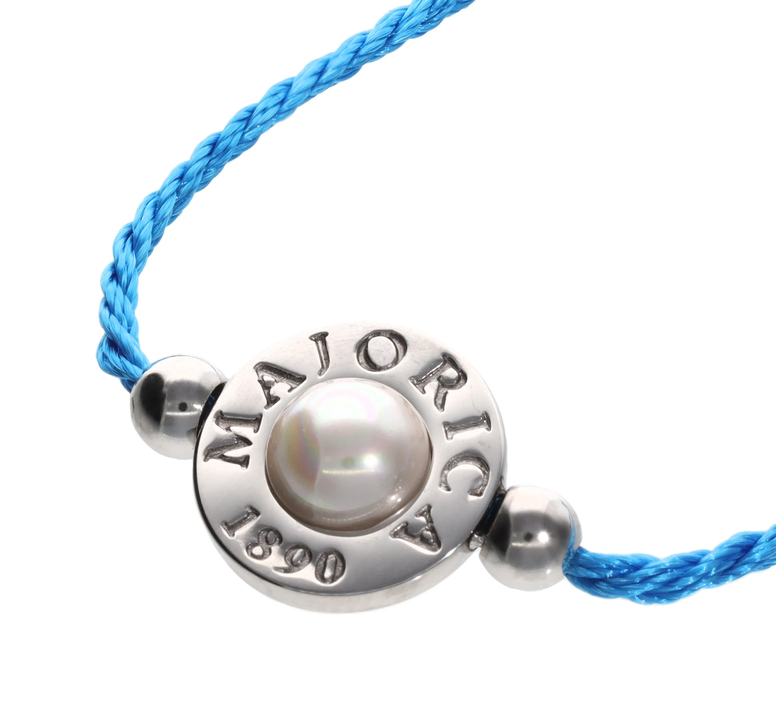 Blue Braided Steel Bracelet for Women with 6mm Half Ball White Pearl, Adjustable 8.6 Length, Lipari Collection