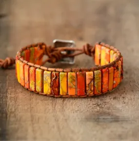 Bohemian Bright Orange Jasper Bracelet | Cuff Leather Bracelet