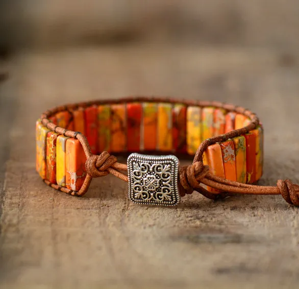 Bohemian Bright Orange Jasper Bracelet | Cuff Leather Bracelet