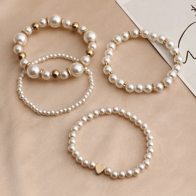 Boho Chic Multilayer Bracelet Set with Faux Pearls and Beads - 4 Piece White Hand Jewelry Collection