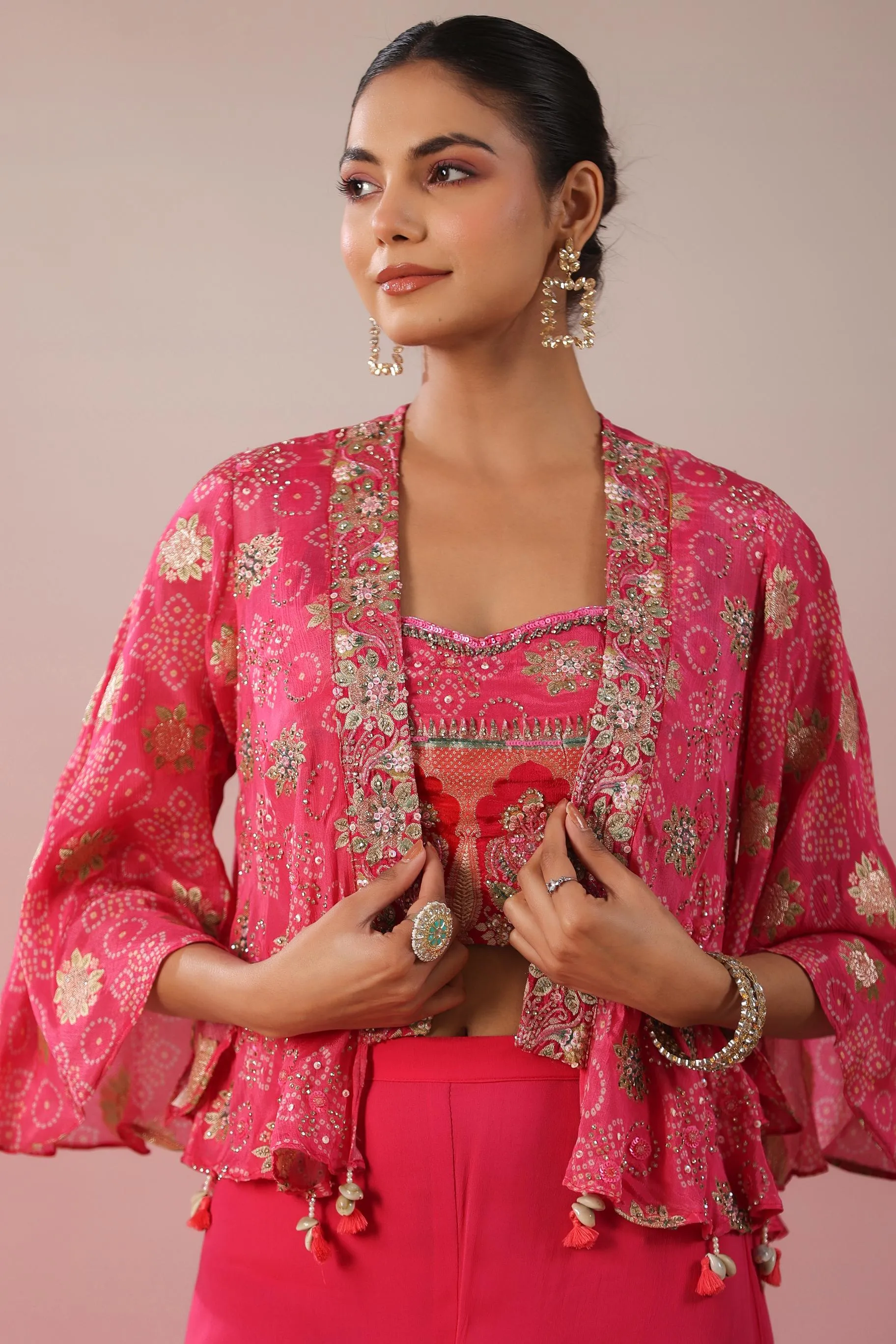 Brink Pink Embroidered Premium Georgette Silk Cape Palazzo Set