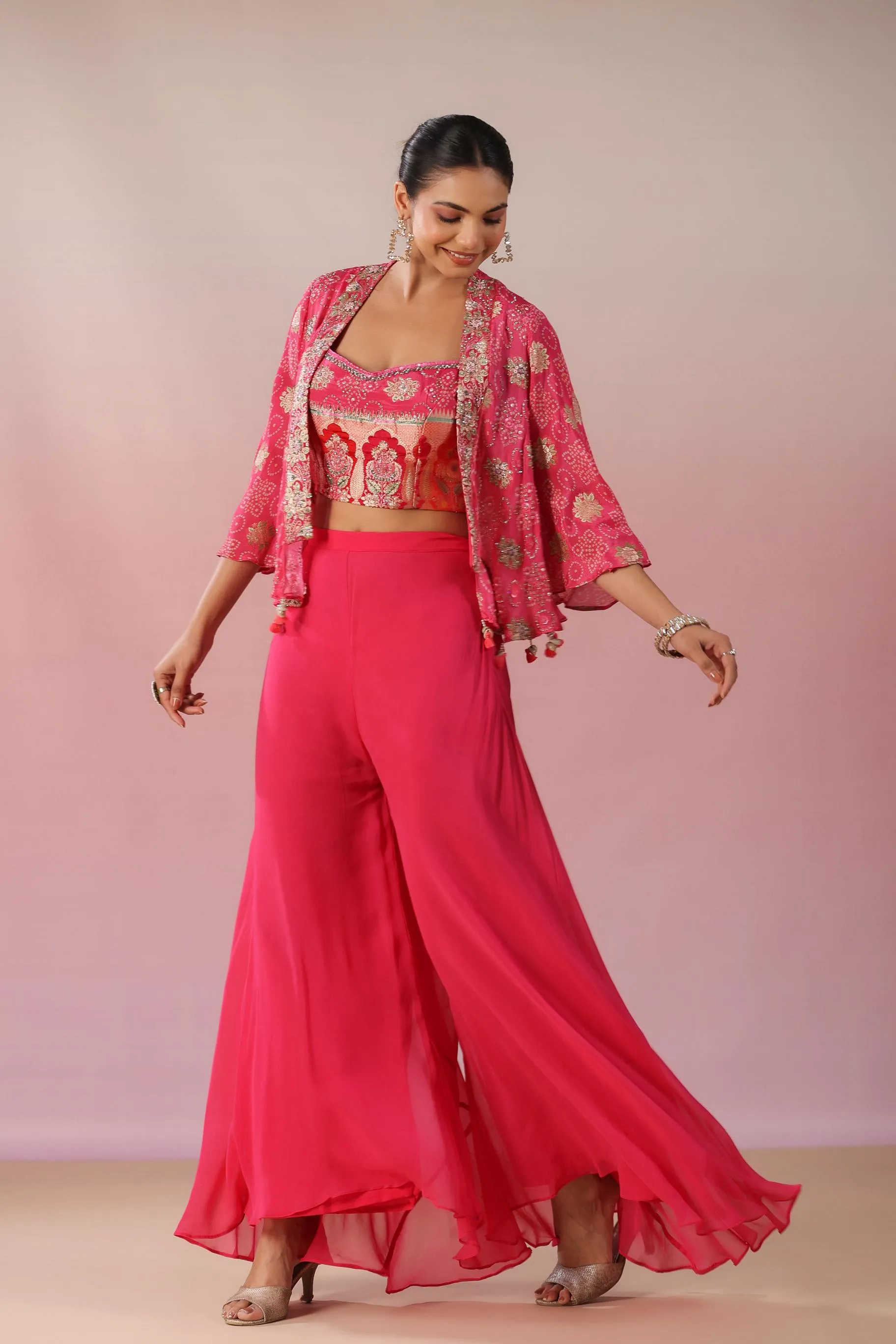 Brink Pink Embroidered Premium Georgette Silk Cape Palazzo Set