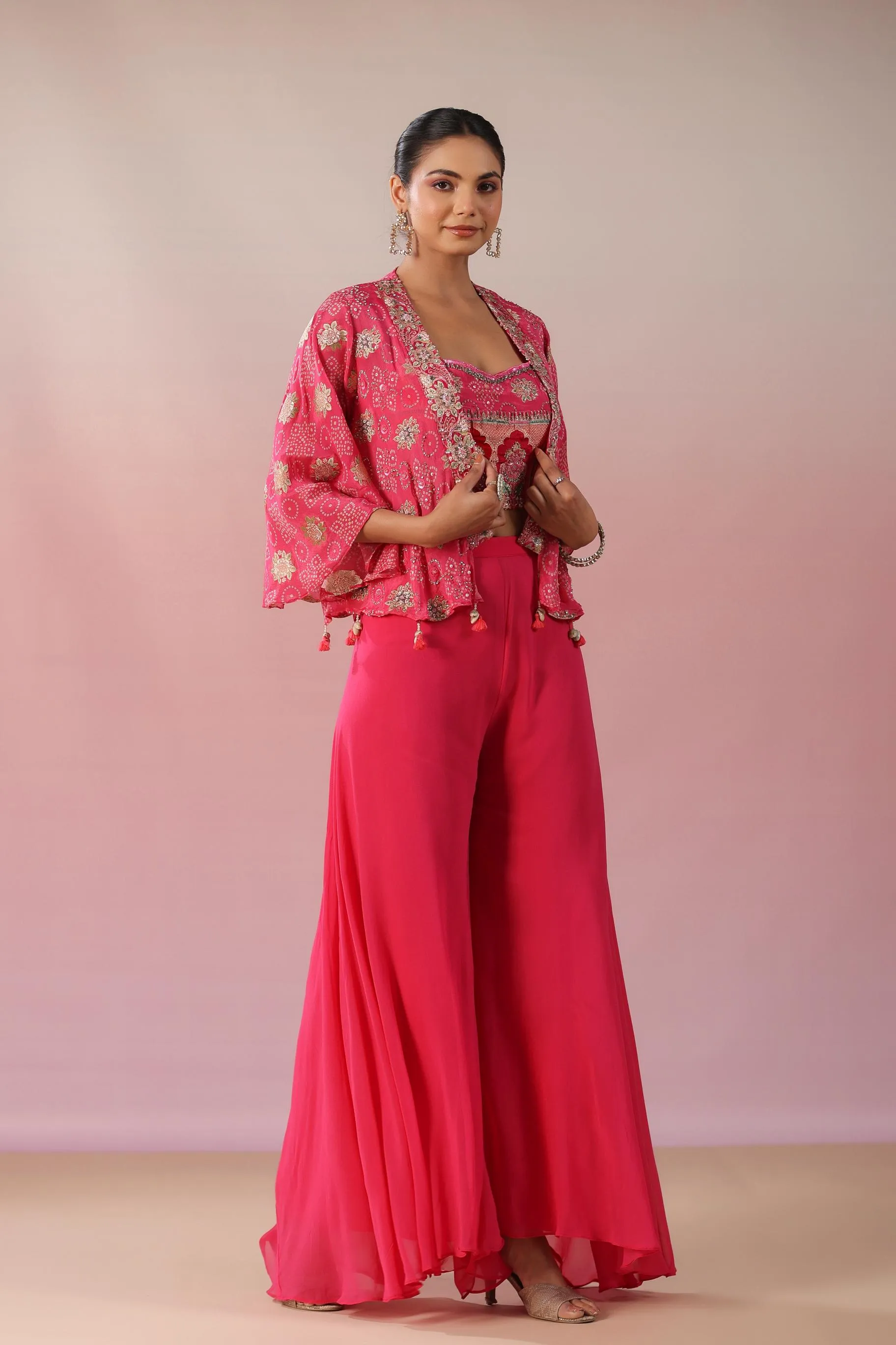 Brink Pink Embroidered Premium Georgette Silk Cape Palazzo Set