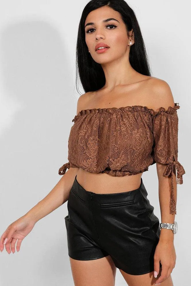 Brown Delicate Lace Bow Sleeves Bardot Crop Top