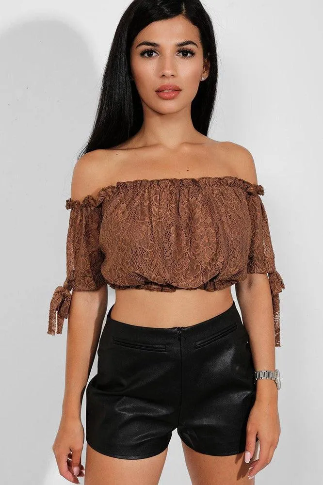 Brown Delicate Lace Bow Sleeves Bardot Crop Top