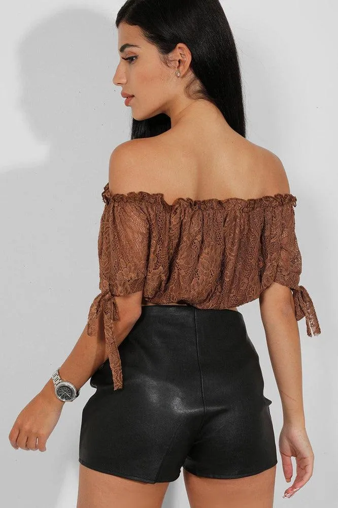 Brown Delicate Lace Bow Sleeves Bardot Crop Top