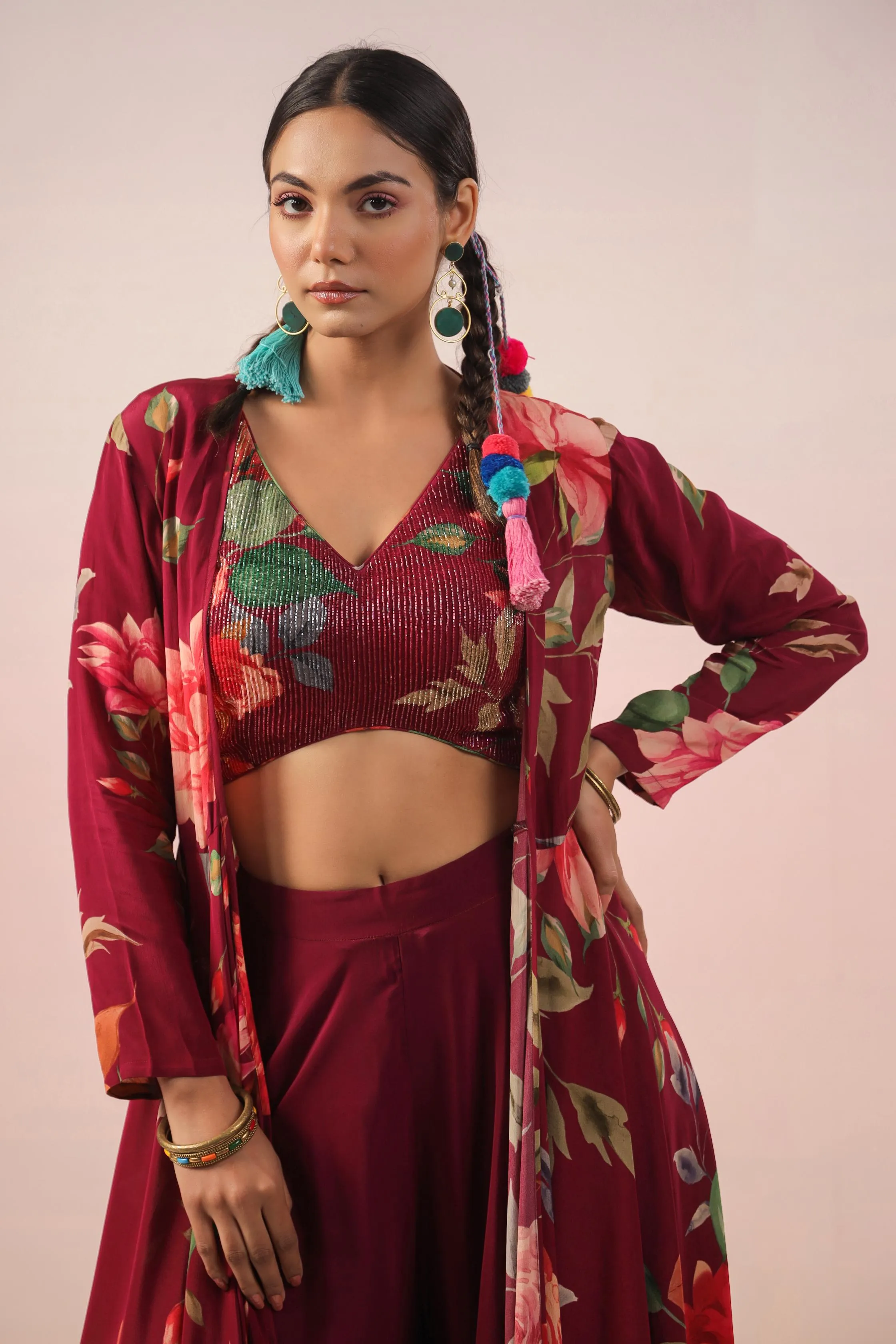 Burgundy Floral Printed Crepe Silk Cape Set