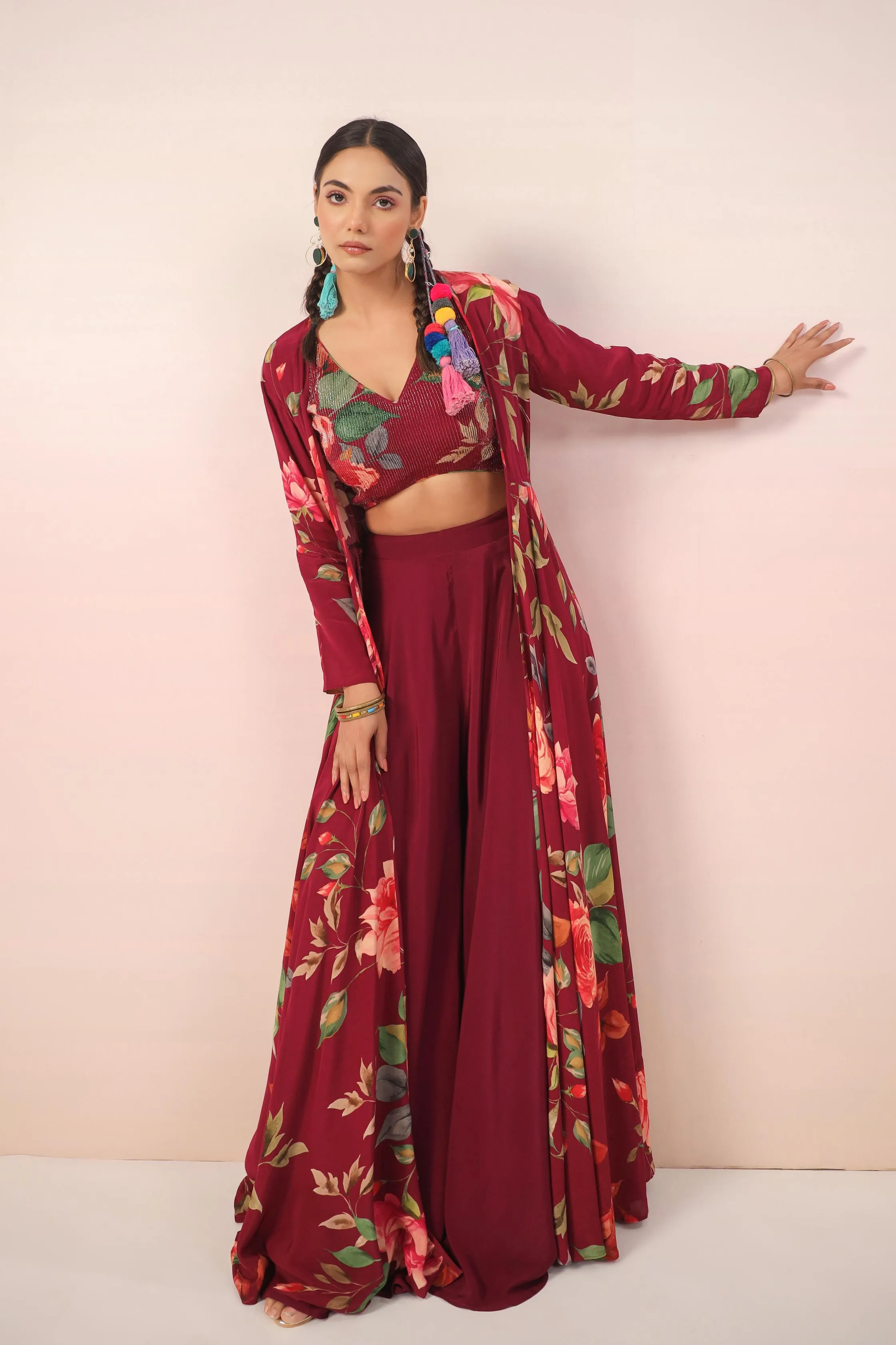 Burgundy Floral Printed Crepe Silk Cape Set