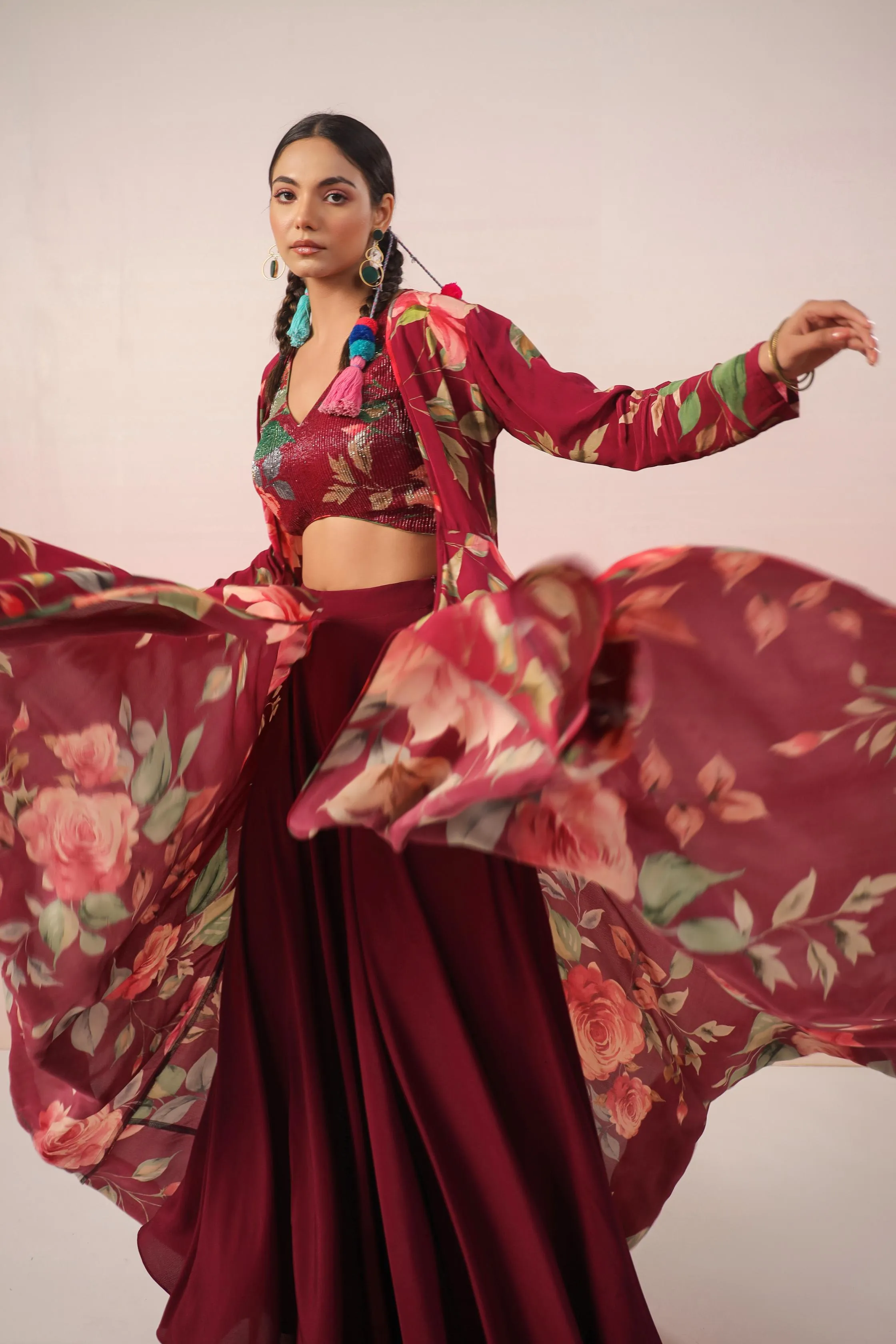 Burgundy Floral Printed Crepe Silk Cape Set