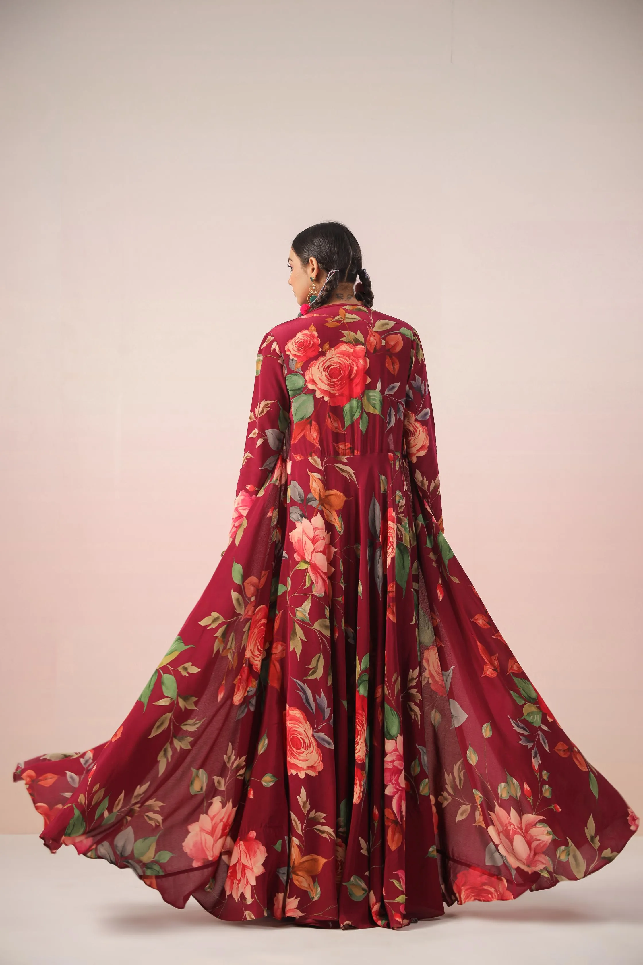 Burgundy Floral Printed Crepe Silk Cape Set