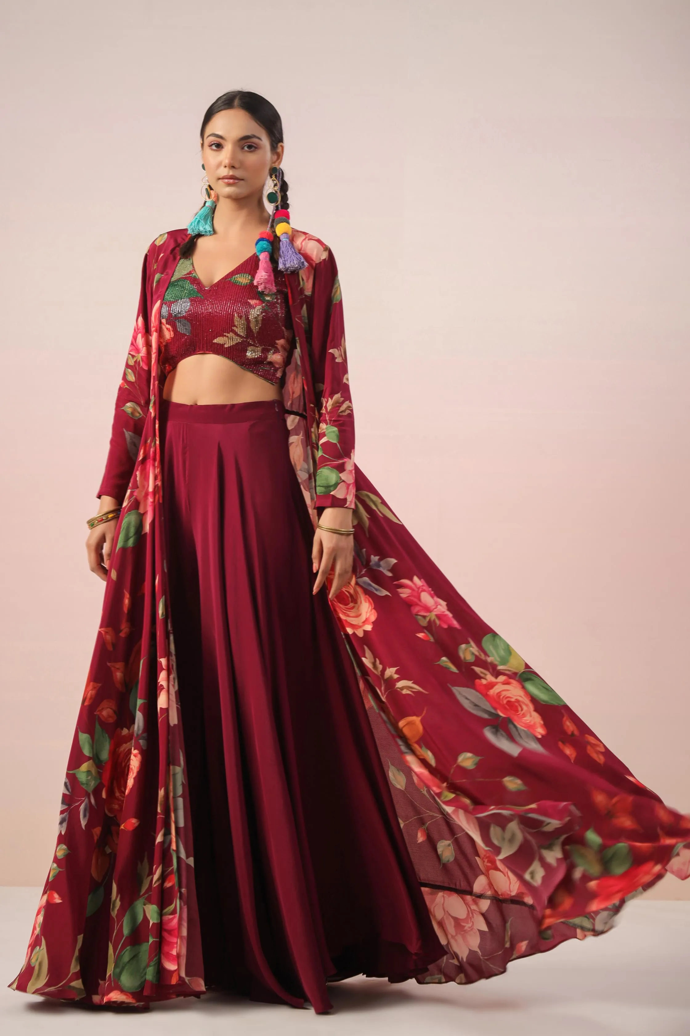 Burgundy Floral Printed Crepe Silk Cape Set