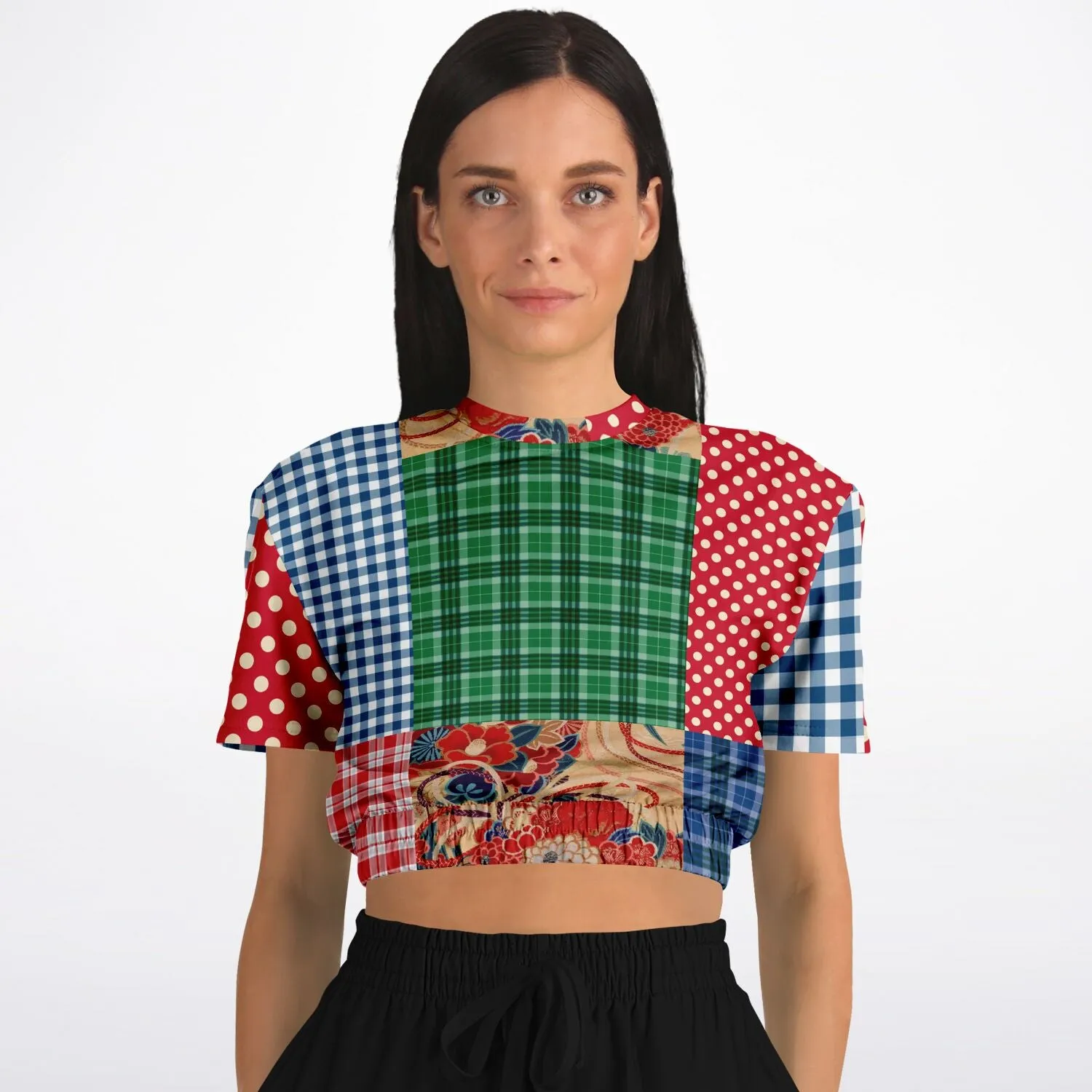 Busan Fleur Plaid Patchwork Short Sleeve Cropped Eco-Poly Sweater