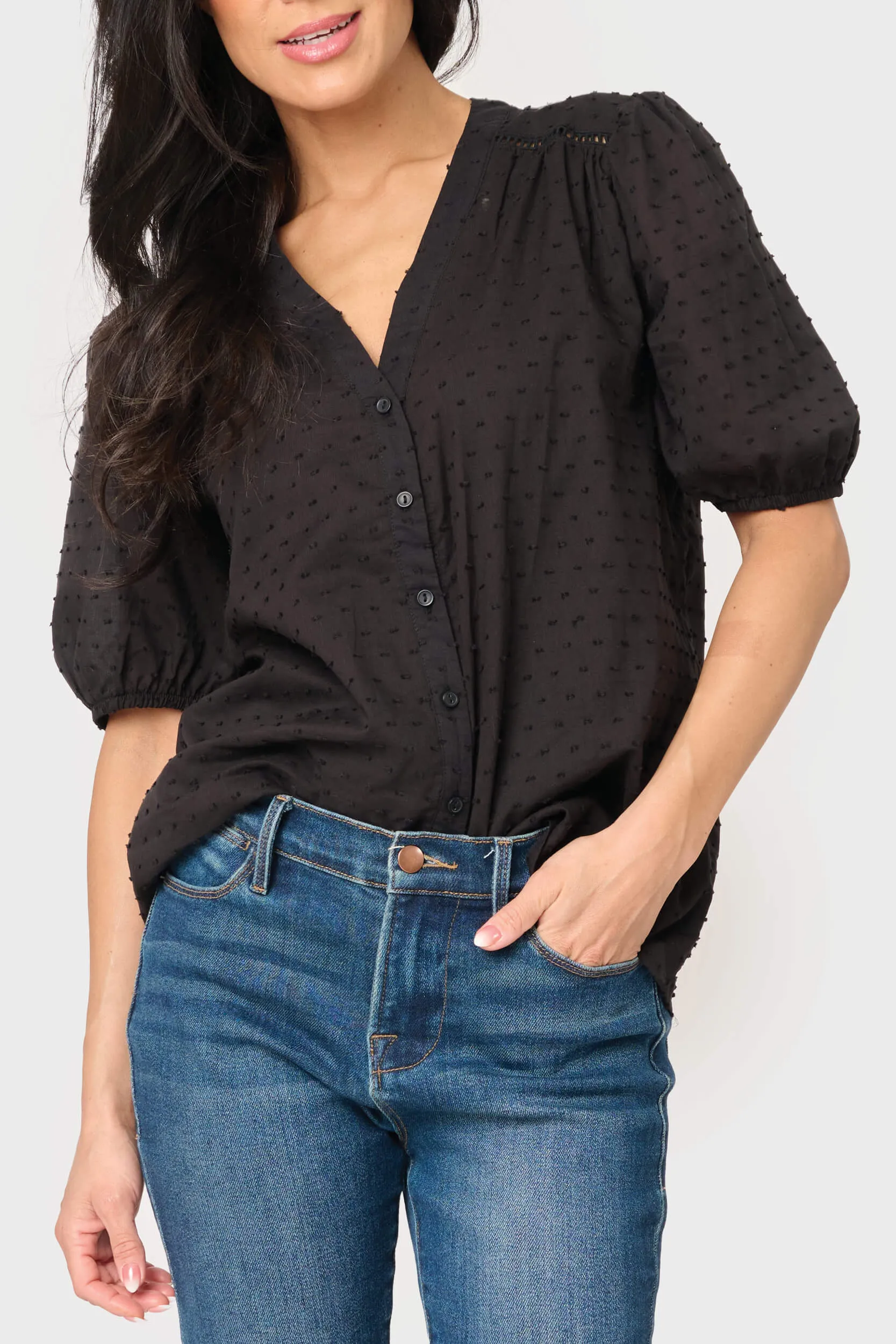 Button Front Puffed Sleeve Blouse