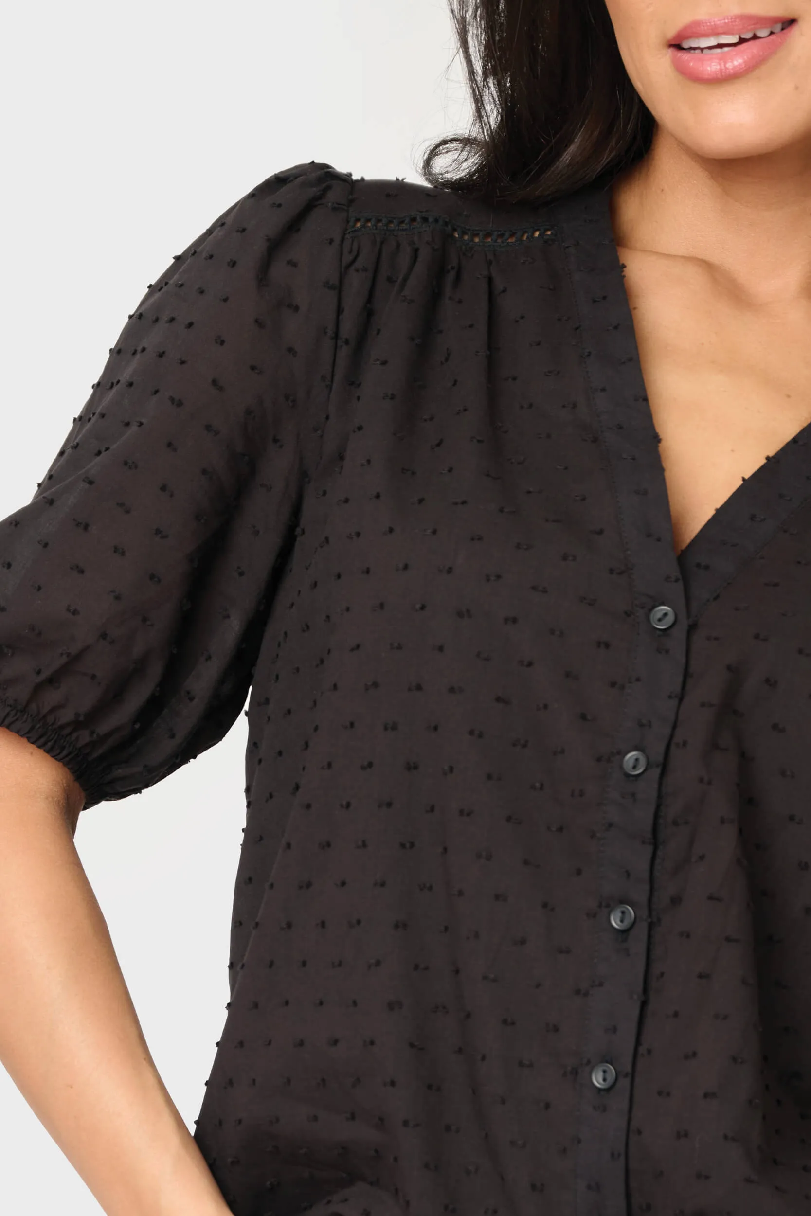 Button Front Puffed Sleeve Blouse