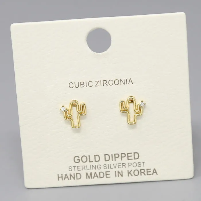 Cactus CZ Stone Gold Dipped Stud Earrings