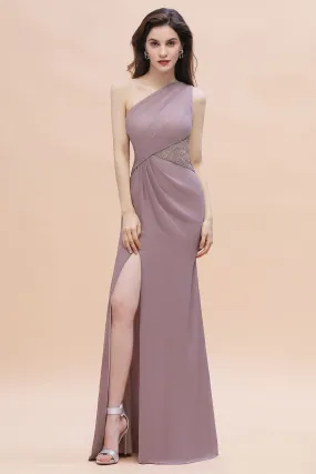 Charming Long Mermaid One Shoulder Chiffon Bridesmaid Dresses With Slit