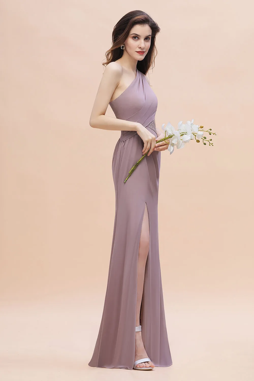 Charming Long Mermaid One Shoulder Chiffon Bridesmaid Dresses With Slit