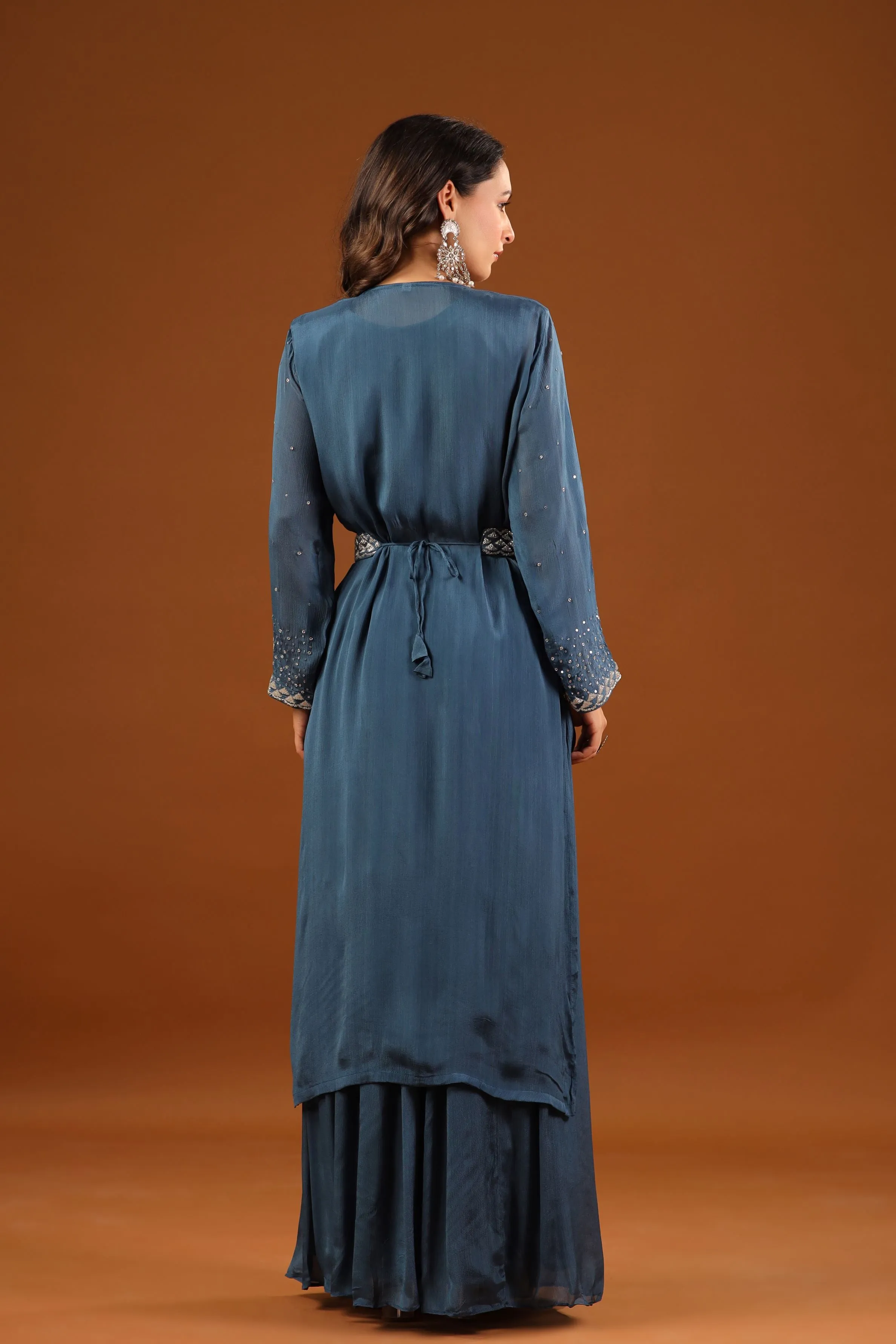 Classic Blue Embellished Premium Chinon Silk Cape Set