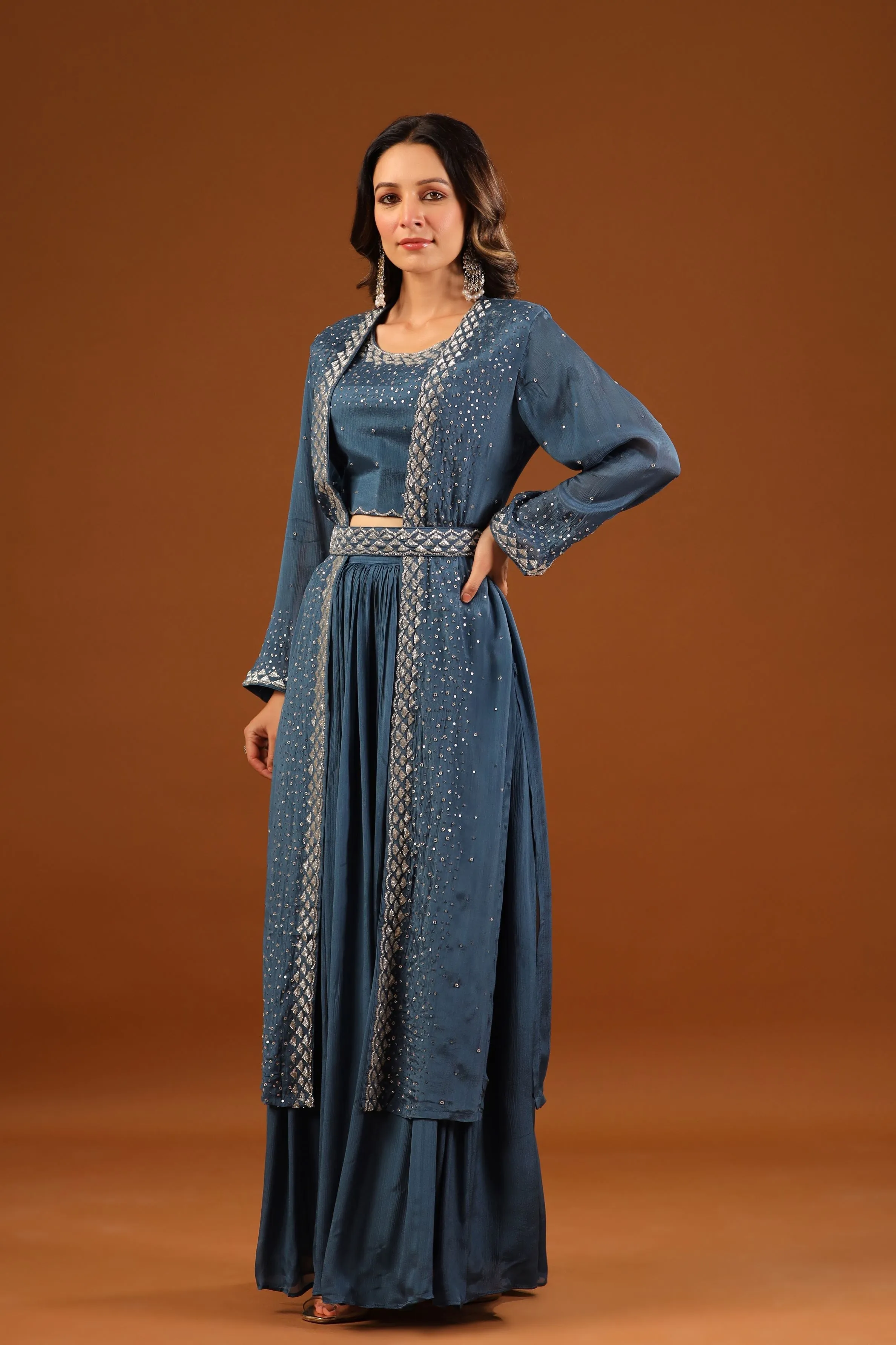 Classic Blue Embellished Premium Chinon Silk Cape Set