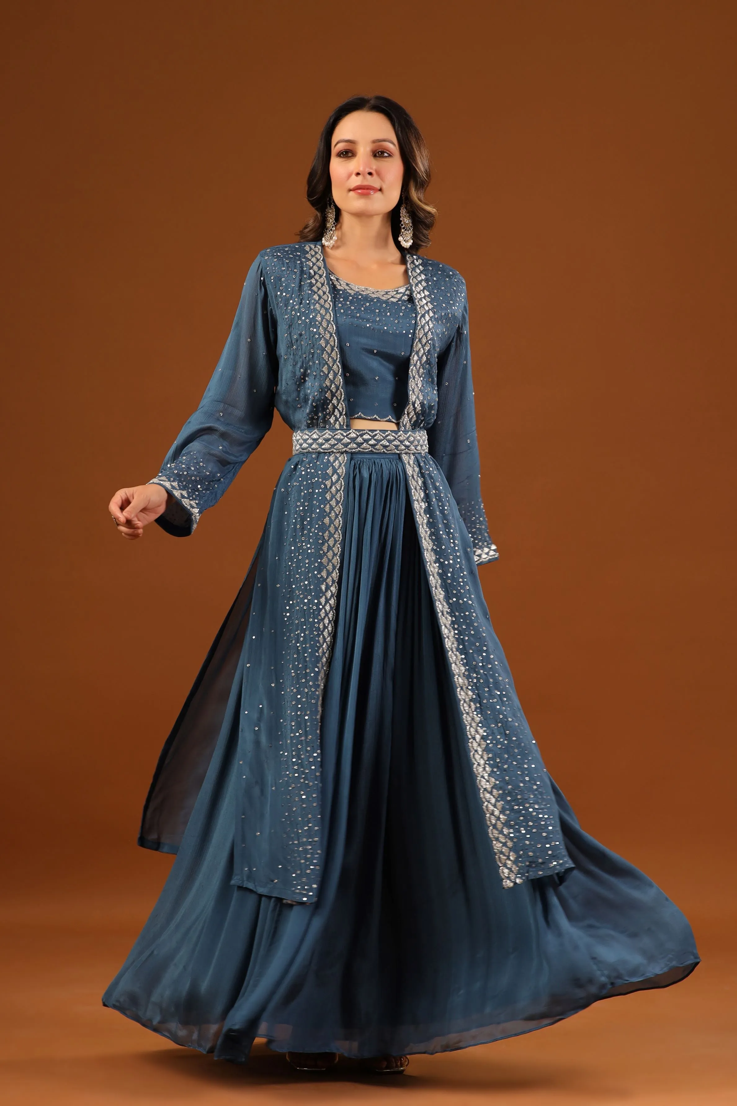 Classic Blue Embellished Premium Chinon Silk Cape Set