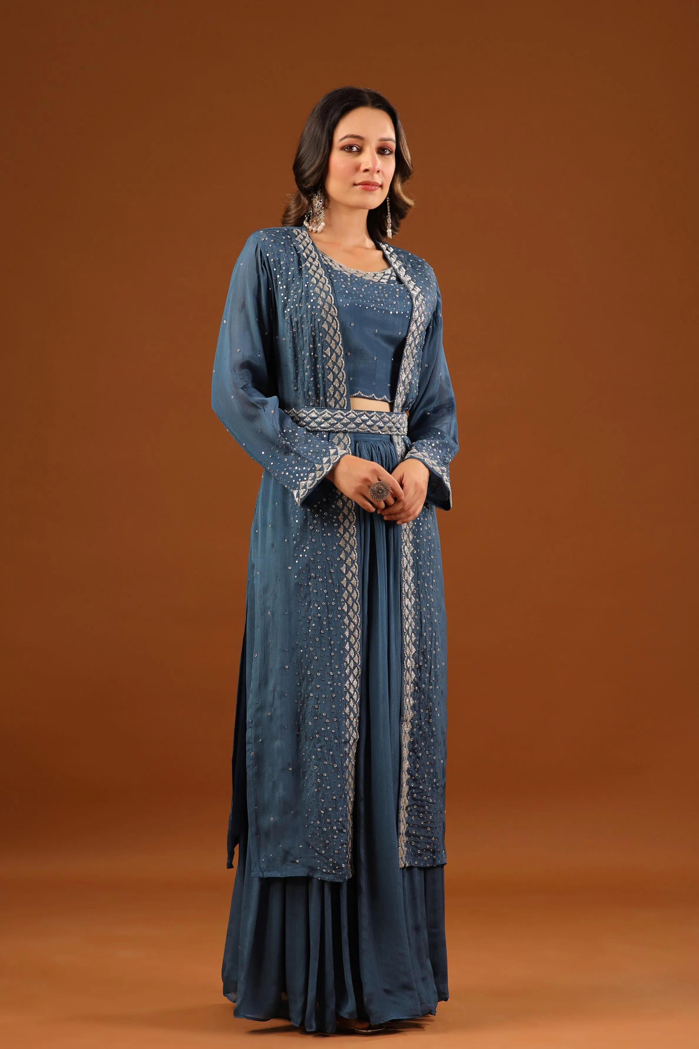 Classic Blue Embellished Premium Chinon Silk Cape Set