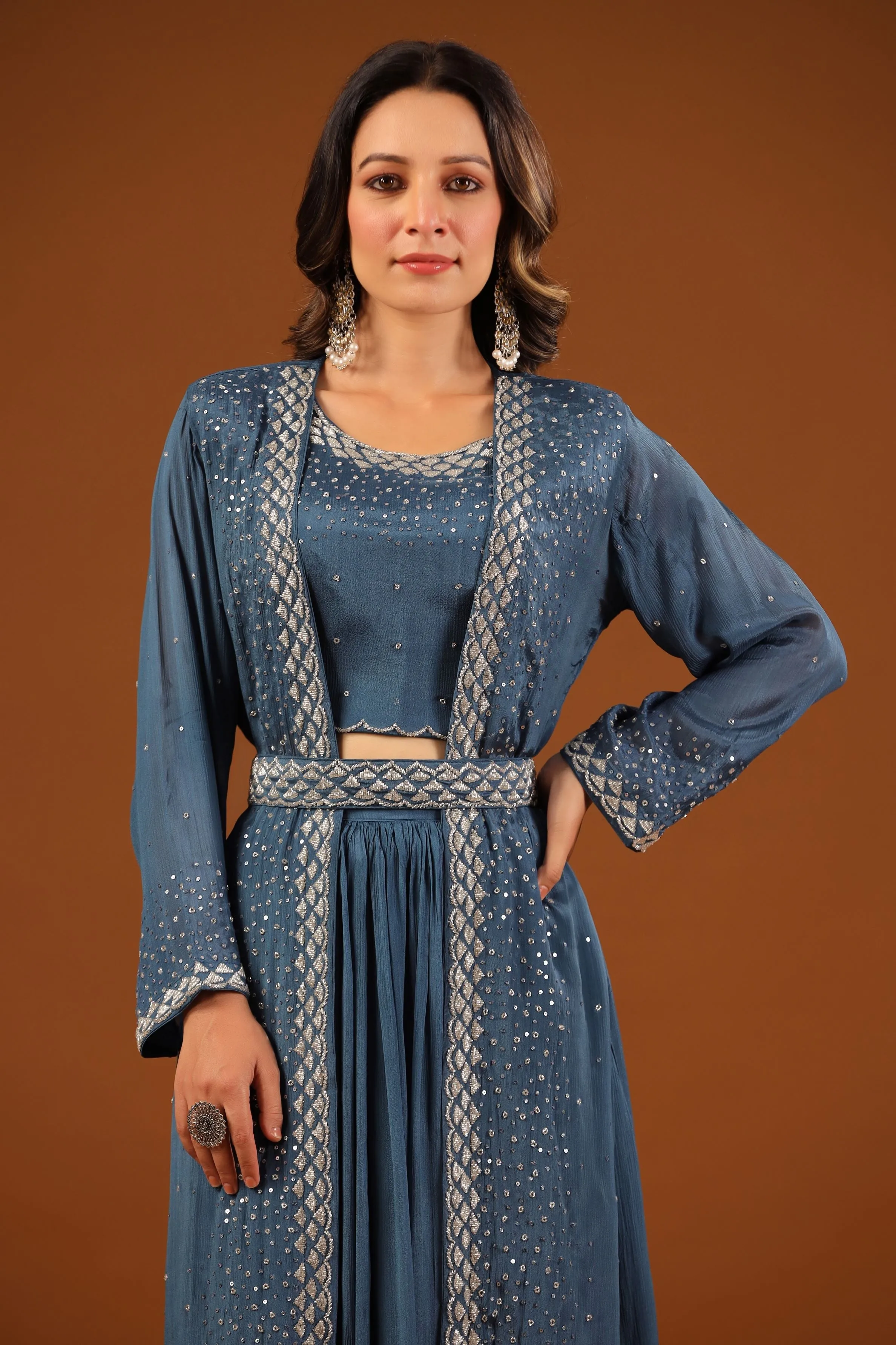 Classic Blue Embellished Premium Chinon Silk Cape Set