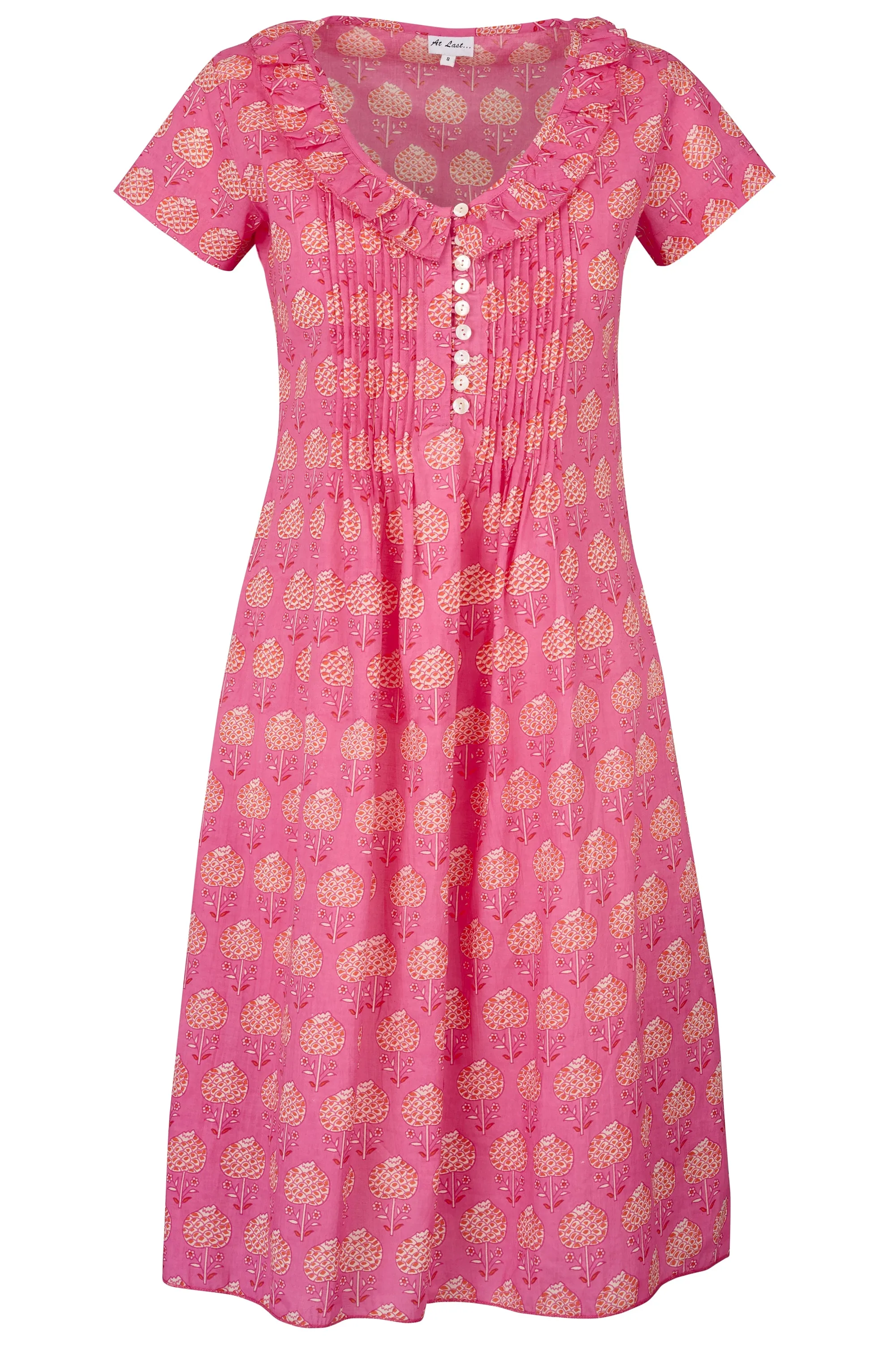 Cotton Karen Short Sleeve Day Dress in Pink with Orange Flower