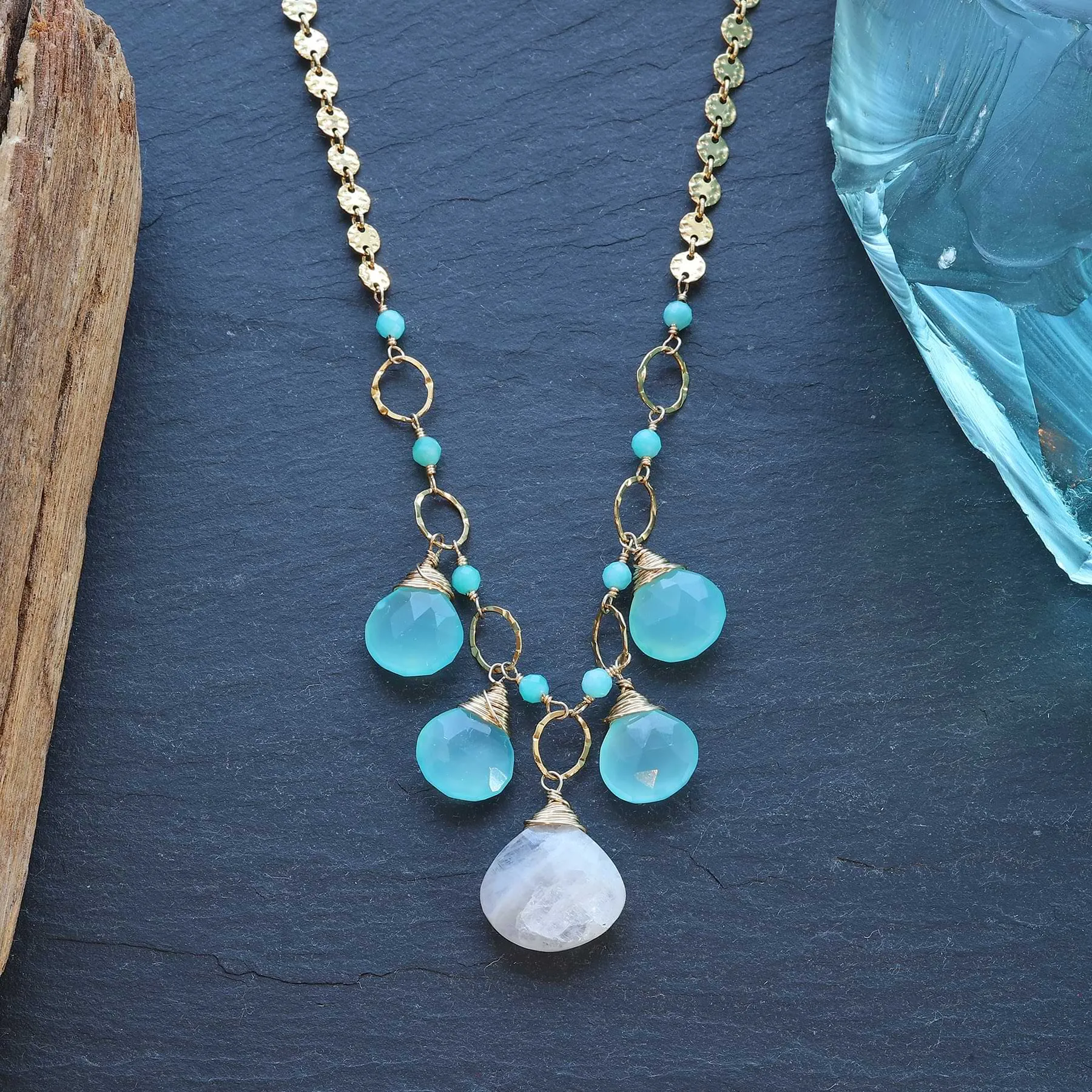 Driftwood - Aqua Chalcedony and Moonstone Gold Statement Necklace