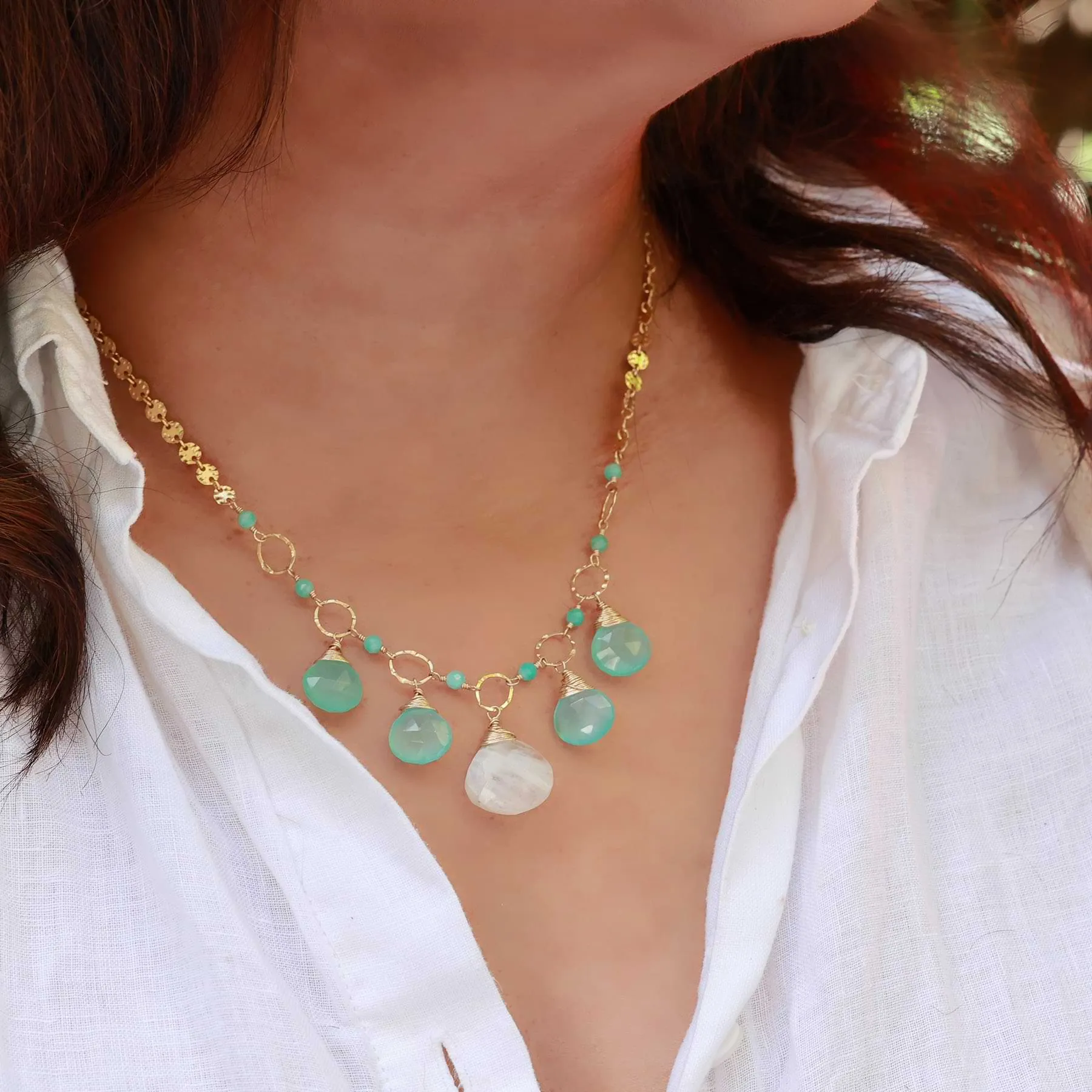 Driftwood - Aqua Chalcedony and Moonstone Gold Statement Necklace