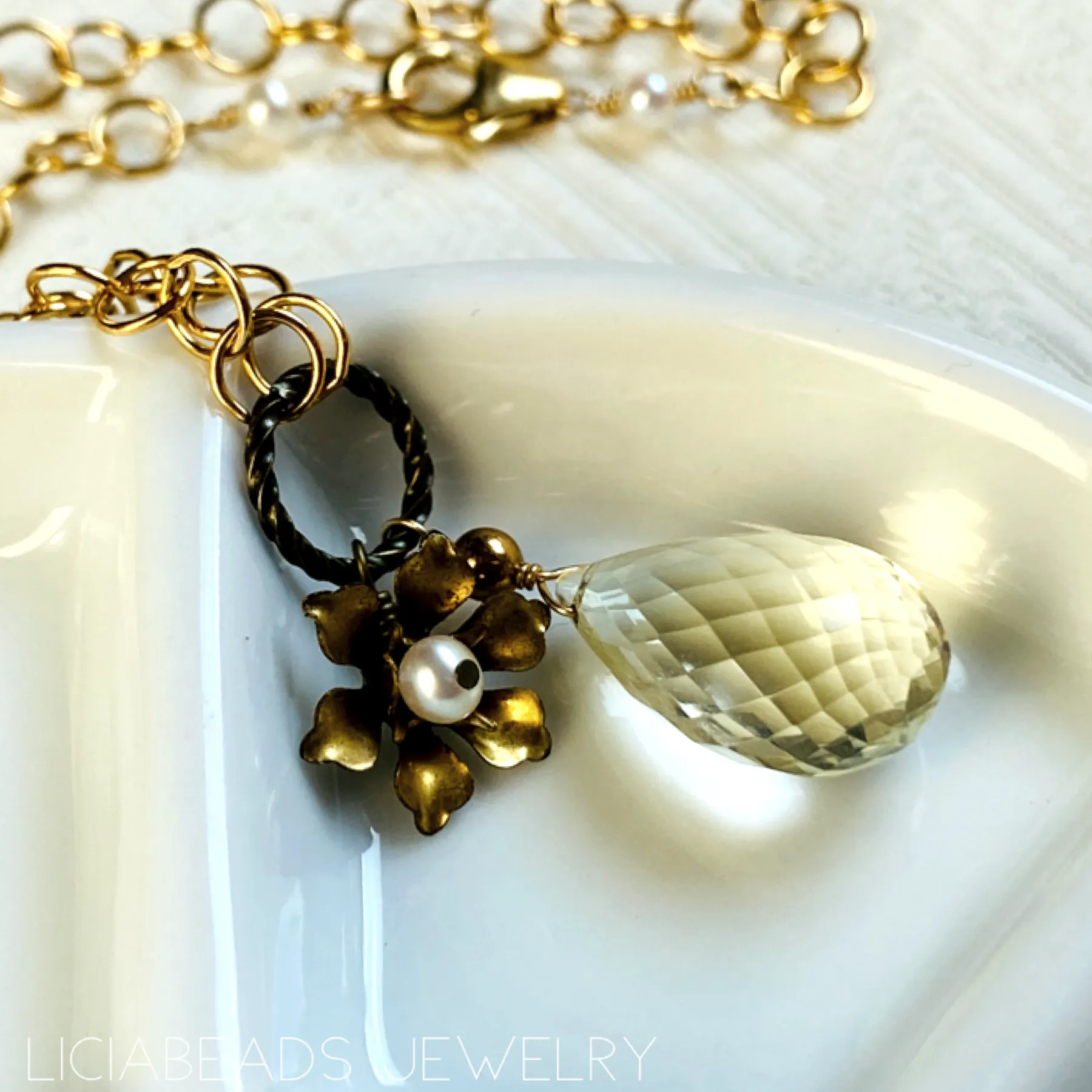 Drop of summer - lemon quartz gemstone, 14 karat gold filled necklace