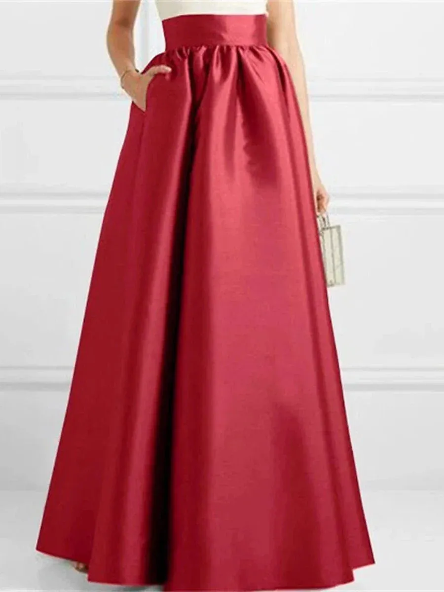 Elegant Satin A-Line Maxi Skirt with Pockets in Green, Black, and Red for Fall & Winter Parties (M L XL)